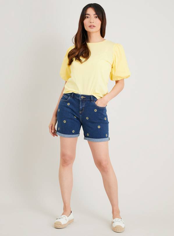 Buy Dark Denim Sunflower Embroidery Boy Shorts 18 Shorts Tu